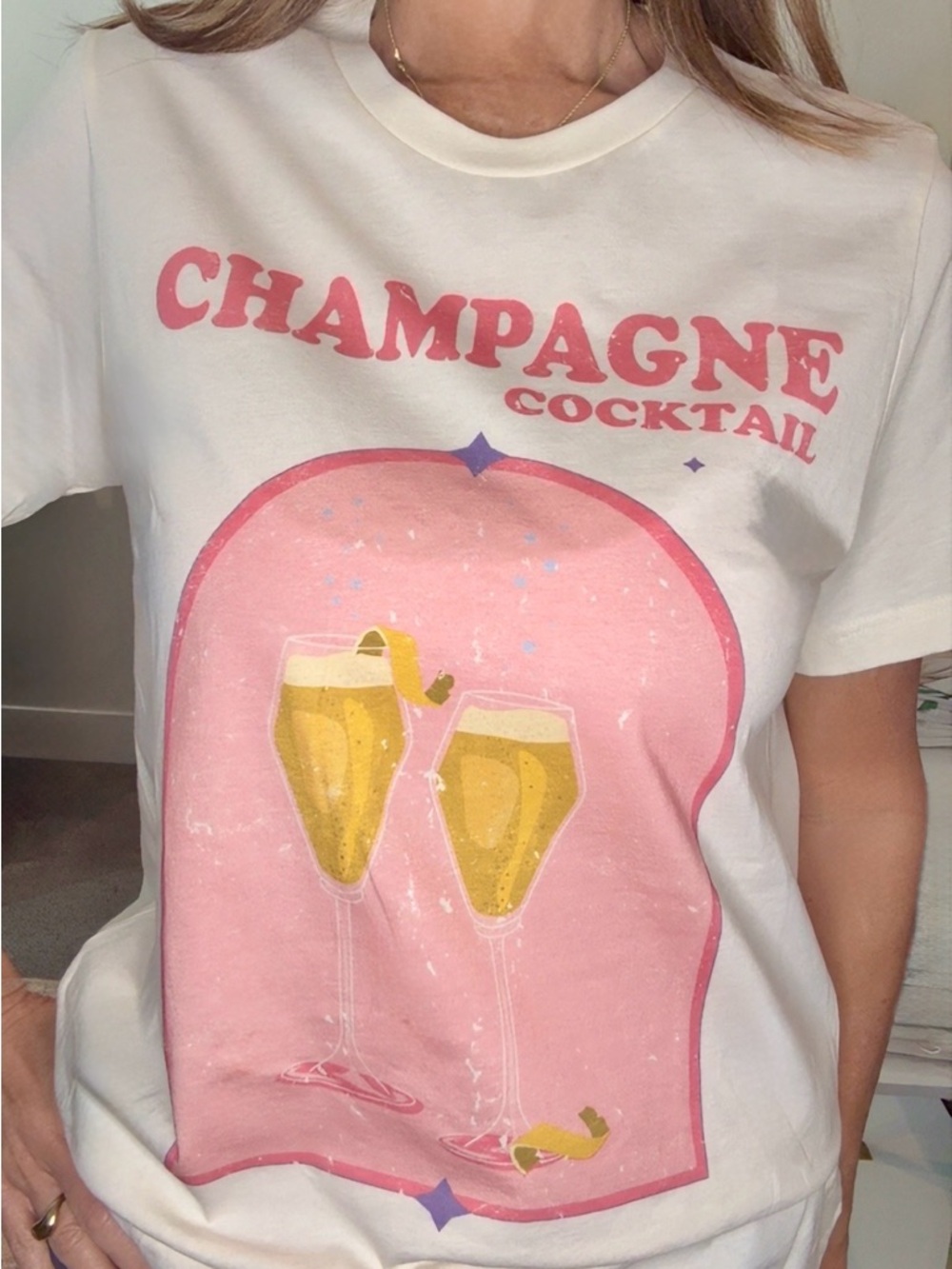 Champagne Cocktail Graphic Tee - White with Pink and Gold